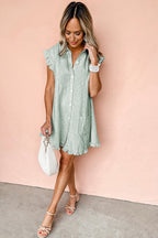 Green Stripe Frilled Sleeveless Collar Front Pocket Button Up Mini Dress