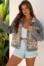 Medium Grey Ribbed Retro Floral Patchwork Shirt Style Jacket