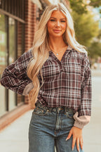 Brown Plaid Patchwork Long Sleeve Button Hooded Blouse