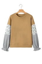 Camel Floral Striped Patchwork Ruffled Sleeve Crew Neck Sweatshirt