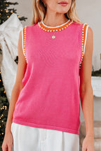 Bright Pink Contrast Trim Pearl Detail Sweater Tank Top