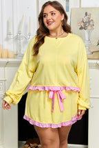 Yellow Contrast Plaid Ruffle Patchwork Pullover Top and Shorts Plus Size Set