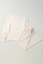 Beige Checkered Print Long Sleeve Top and Pants Lounge Set