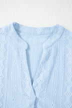 Beau Blue Jacquard Texture Flared Short Sleeve Notched Neck Mini Dress
