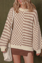 Khaki Stripe Checkerboard Drop Shoulder Balloon Sleeve Sweater