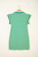 Green Stripe Print Contrast Collar Split Neck Flutter Sleeve Short Dress