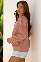 Camel Exposed Seam Side Pockets Half Zipper Baggy Sweatshirt