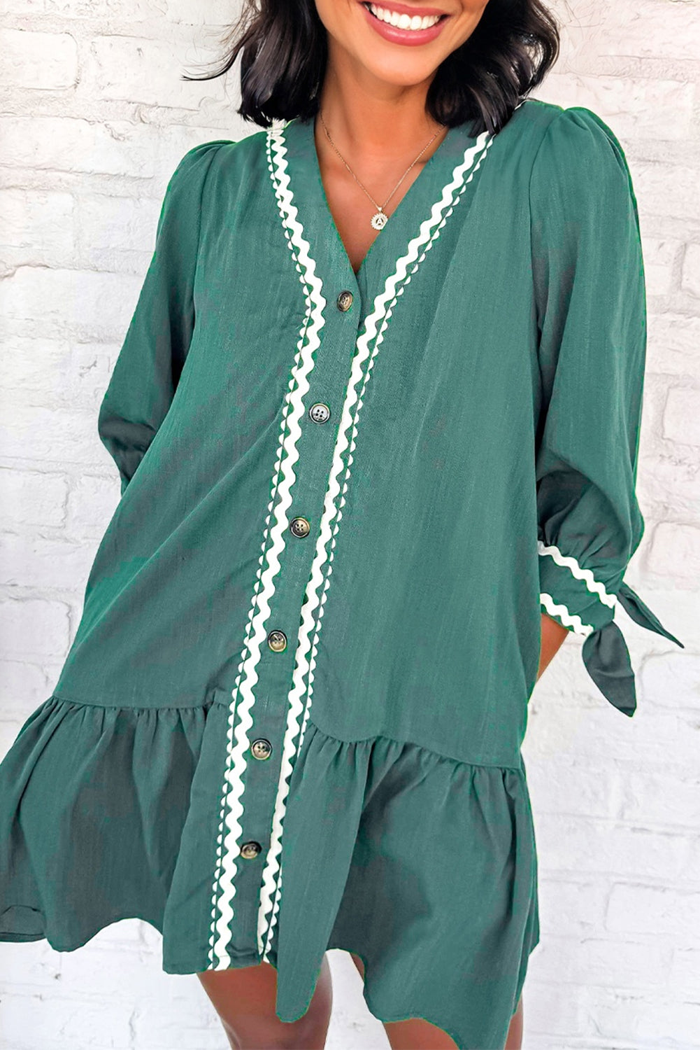 Canton Contrast Ricrac Trim Button V Neck Knotted Bracelet Sleeve Shift Dress