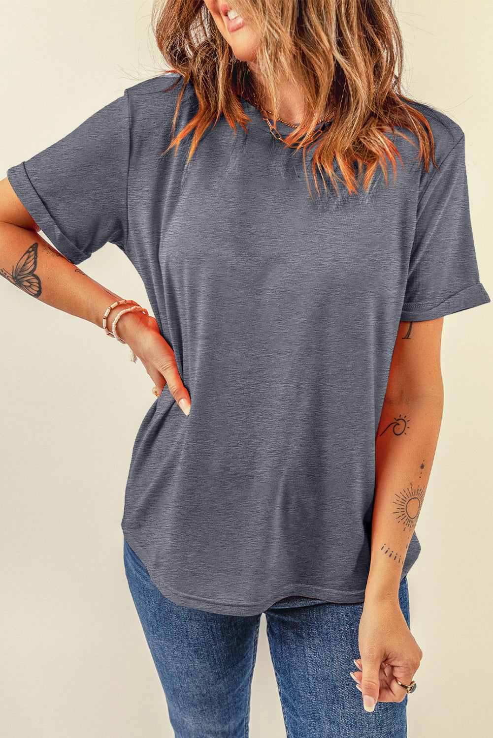 Orange Casual Plain Crew Neck Tee