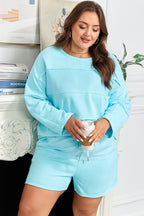 Aruba Blue Plus Size Solid Color Splicing Raw Hem Pullover Top Shorts Set