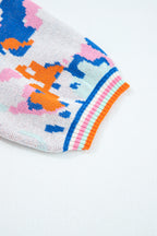 Apricot Abstract Pattern Knit Contrast Striped Trim Short Sleeve Sweater