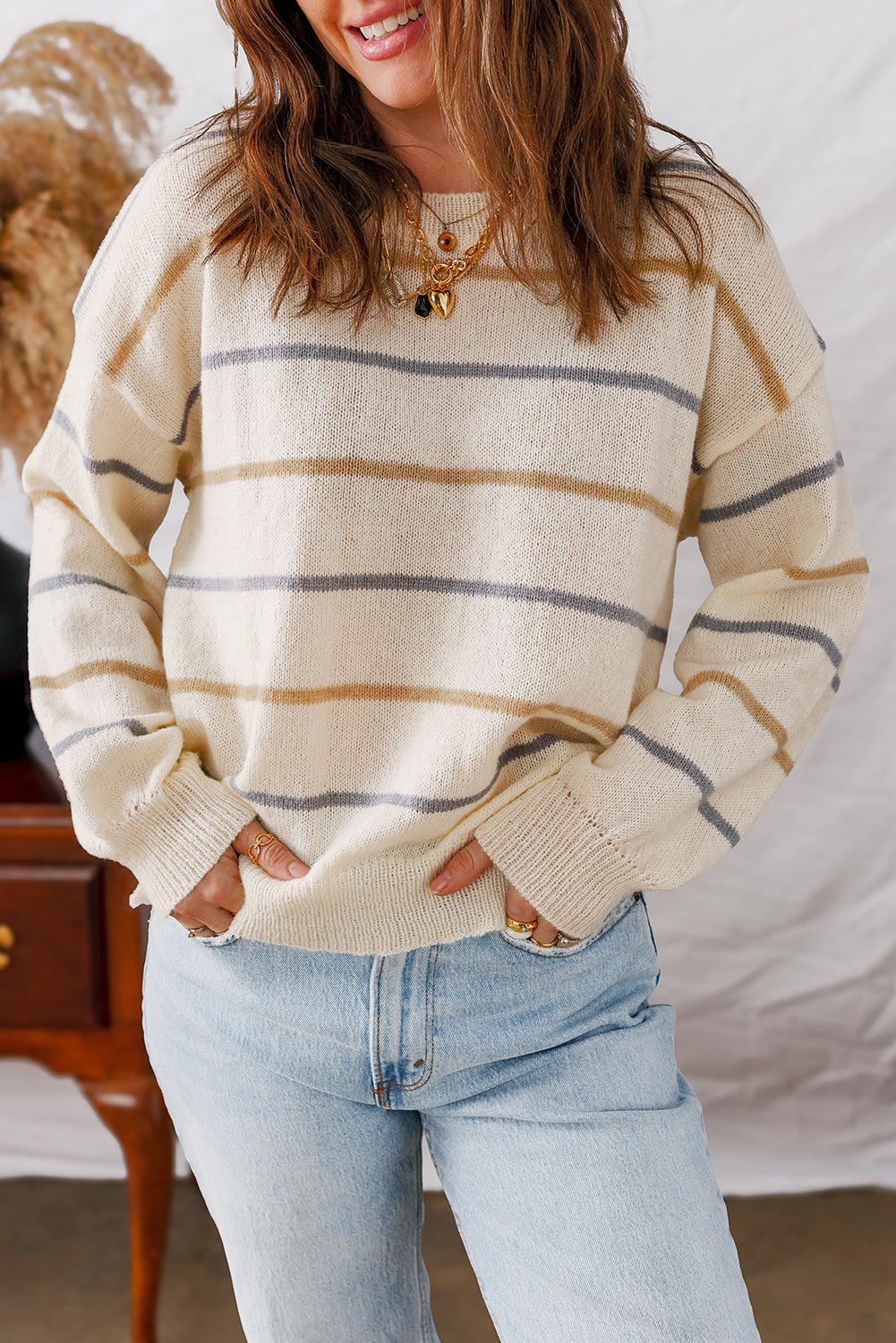 Multicolour Striped Ribbed Edge Drop Shoulder Sweater