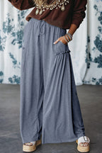 High Frilled Detail Wide Leg Drawstring Elastic Waistband Pants