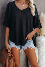 Purple Exposed Seam Half Sleeve Knitted V Neck Textured Top