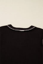 Black Contrast Stitched Detail V Neck Ruffle Long Sleeve Blouse