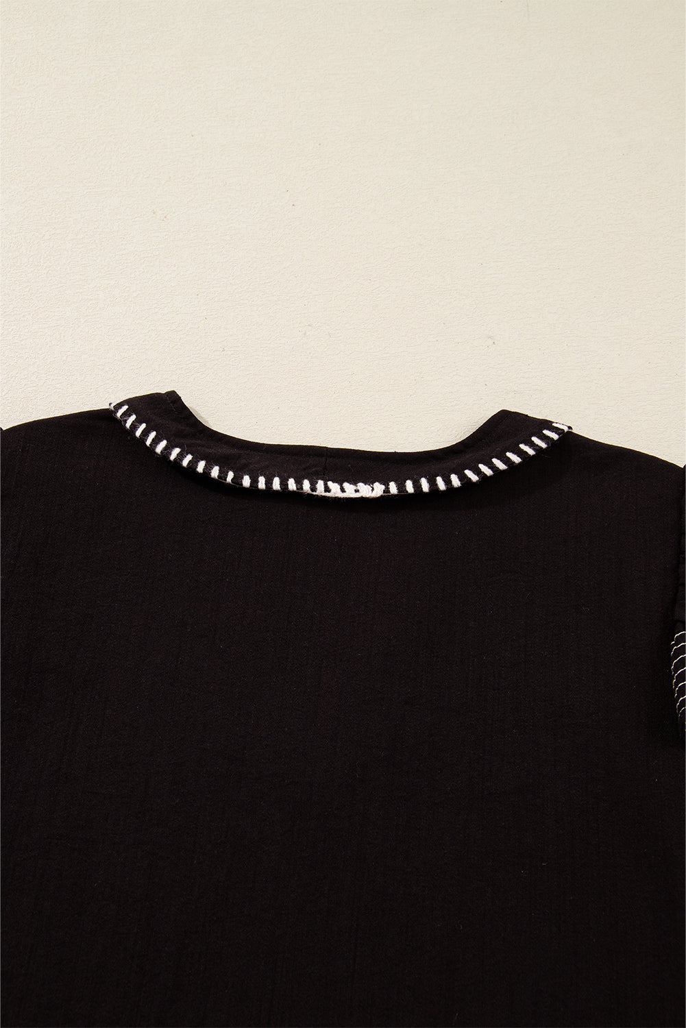 Black Contrast Stitched Detail V Neck Ruffle Long Sleeve Blouse