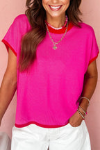 Rose Red Contrast Trim Round Neck Short Sleeve Loose Knit Sweater