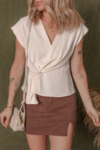 White Surplice V Neck Knotted Ruched Short Sleeve Peplum Blouse