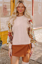 Parchment Cable Knit Ruffle Detail Contrast Floral Sleeve Patchwork Sweater