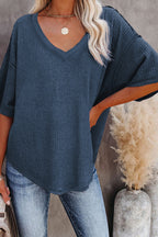 Purple Exposed Seam Half Sleeve Knitted V Neck Textured Top