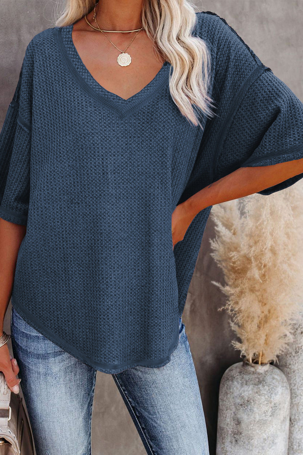 Purple Exposed Seam Half Sleeve Knitted V Neck Textured Top