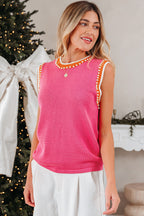 Bright Pink Contrast Trim Pearl Detail Sweater Tank Top
