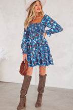 Blue Smocked Bodice High Waist Ruffled Sleeve Floral Dress