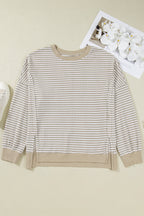 Brown Stripe Plus Size Breathable Knit Ribbed Trim Long Sleeve Top