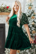 Evergreen Sequin Puff Sleeve High Waist Tiered Velvet Mini Dress