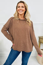 Dark Khaki Twist Ribbed Exposed Seam Detail Long Sleeve Loose Top