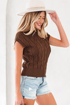 Dark Brown Cable Texture Crew Neck Short Sleeve Sweater Top
