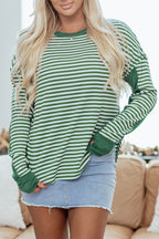 Green Stripe Thermal Knit Drop Shoulder Casual Top