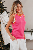 Bright Pink Contrast Trim Pearl Detail Sweater Tank Top