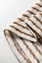 Khaki Stripe Buttoned V Neck Textured Hooded Plus Size Top