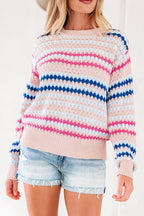 Khaki Stripe Eyelet Patterned Drop Shoulder Sweater