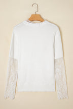 Beige Lace Sleeve Patchwork Faux Two-piece Fuzzy Sweater