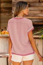 Sky Blue Textured Contrast Trim Round Neck T Shirt
