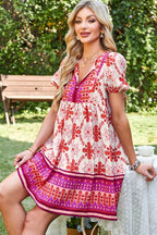 Rose Boho Floral Short Sleeve Lace-up V Neck Mini Dress