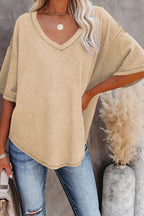 Purple Exposed Seam Half Sleeve Knitted V Neck Textured Top