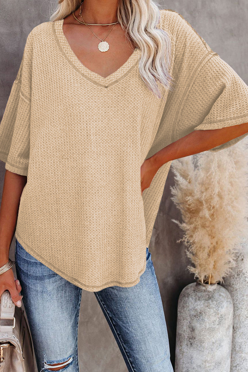 Purple Exposed Seam Half Sleeve Knitted V Neck Textured Top