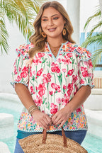 Pink Plus Size Floral Print Striped Trim V Neck Blouse