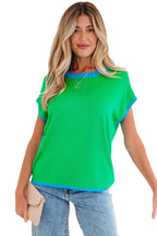 Green Contrast Trim Round Neck Short Sleeve Loose Knit Sweater