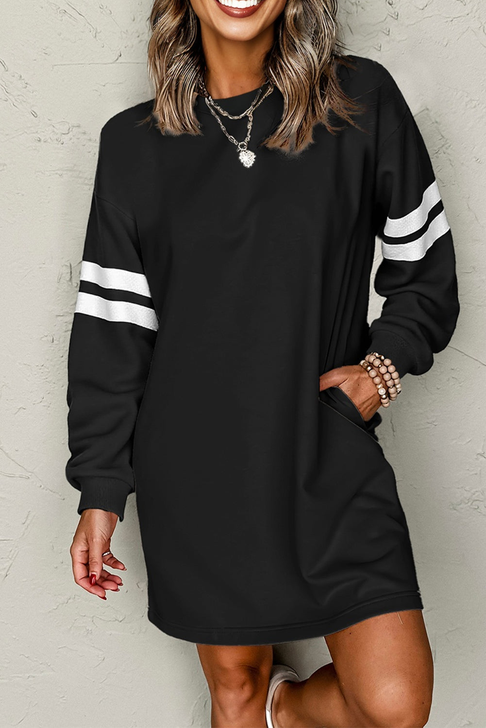 Tillandsia Purple Varsity Contrast Banded Sleeve Shift Sweatshirt Dress