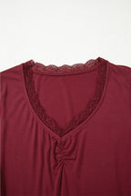 Red Dahlia Lace-trimmed Sweetheart Neckline Ruched Detail Long Sleeve T-shirt