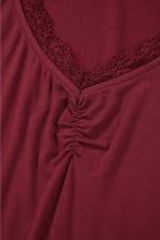 Red Dahlia Lace-trimmed Sweetheart Neckline Ruched Detail Long Sleeve T-shirt