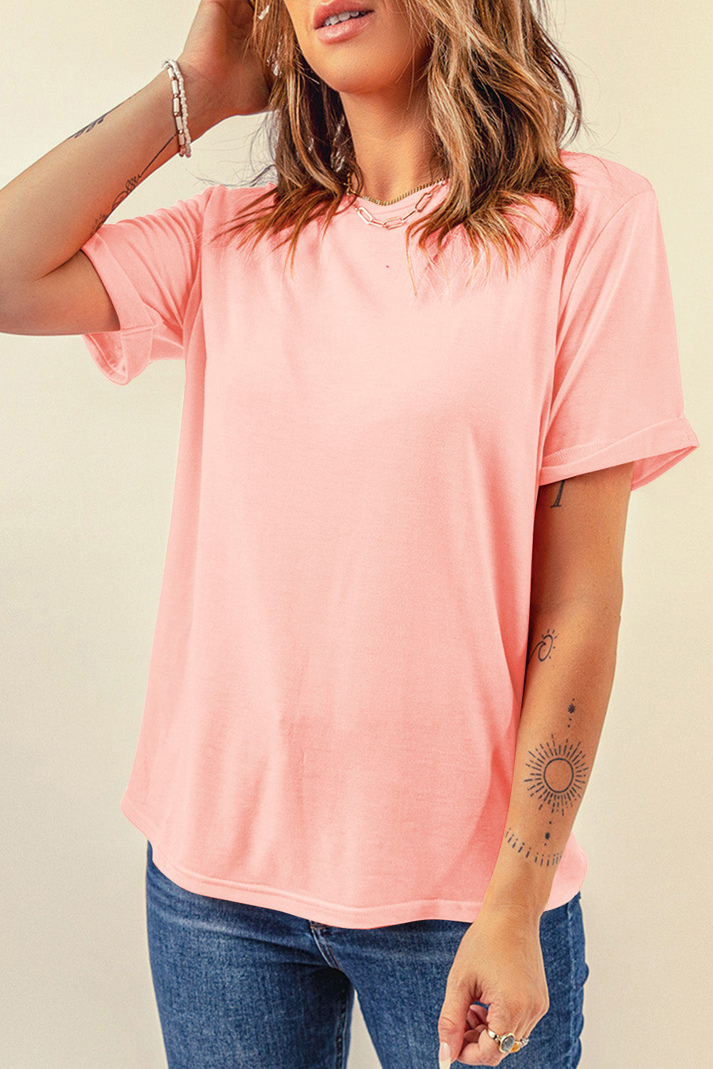 Orange Casual Plain Crew Neck Tee