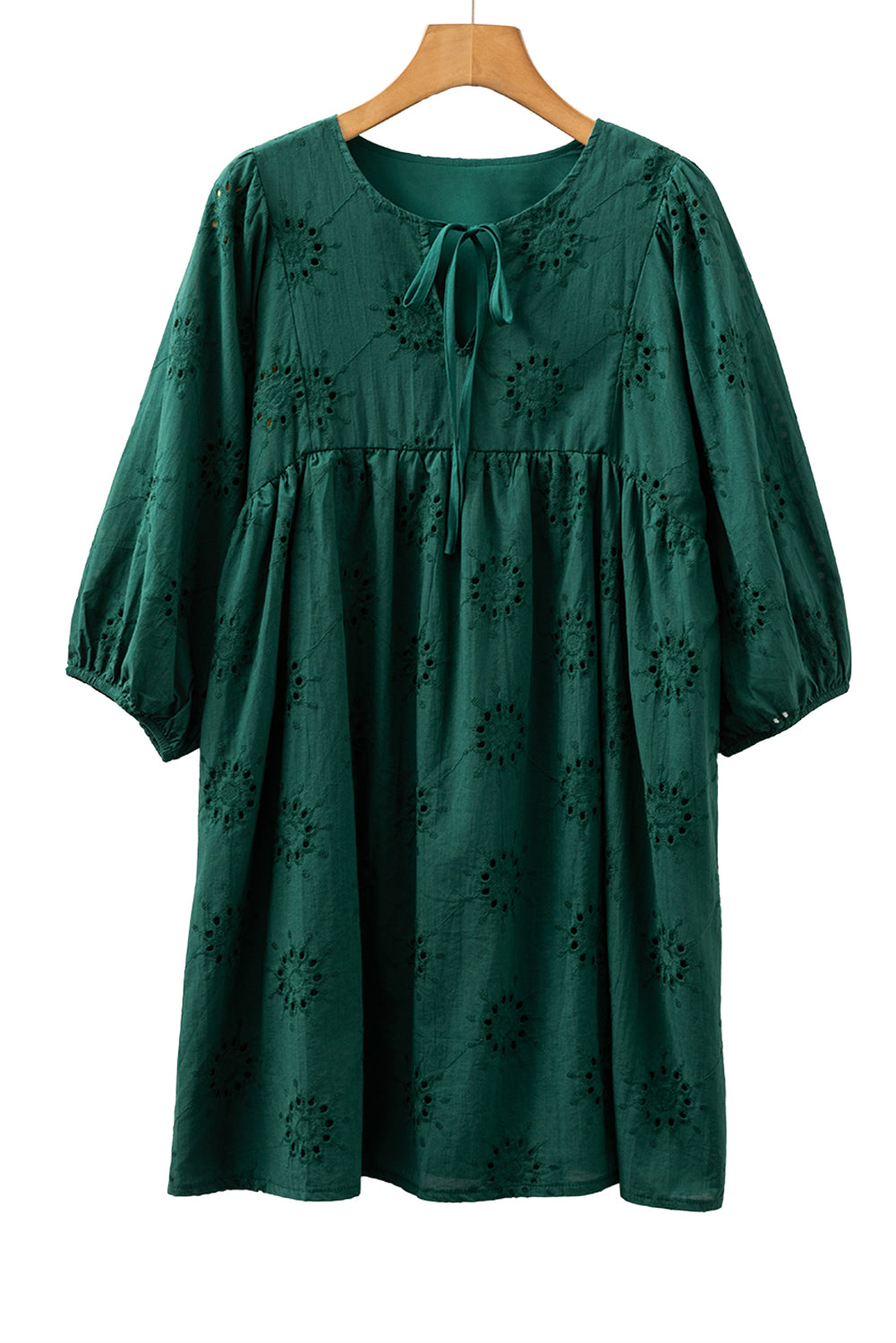 Blackish Green Embroidered Eyelet Pattern 3/4 Puffy Sleeve Swing Mini Dress
