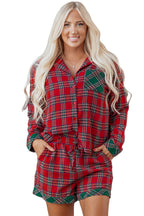 Red Plaid Contrast Patched Christmas Holiday Long Sleeve Shirt and Short 2pcs Pajama Set