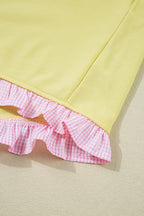 Yellow Contrast Plaid Ruffle Patchwork Pullover Top and Shorts Plus Size Set