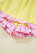 Yellow Contrast Plaid Ruffle Patchwork Pullover Top and Shorts Plus Size Set
